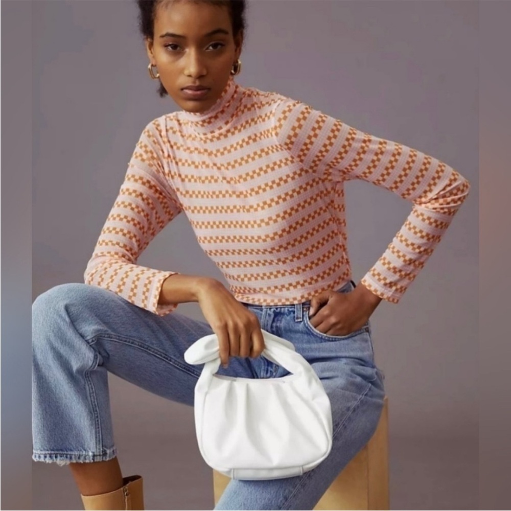 Maeve Anthropologie Sheer Mesh Turtleneck Top Orange White Pink Sz L